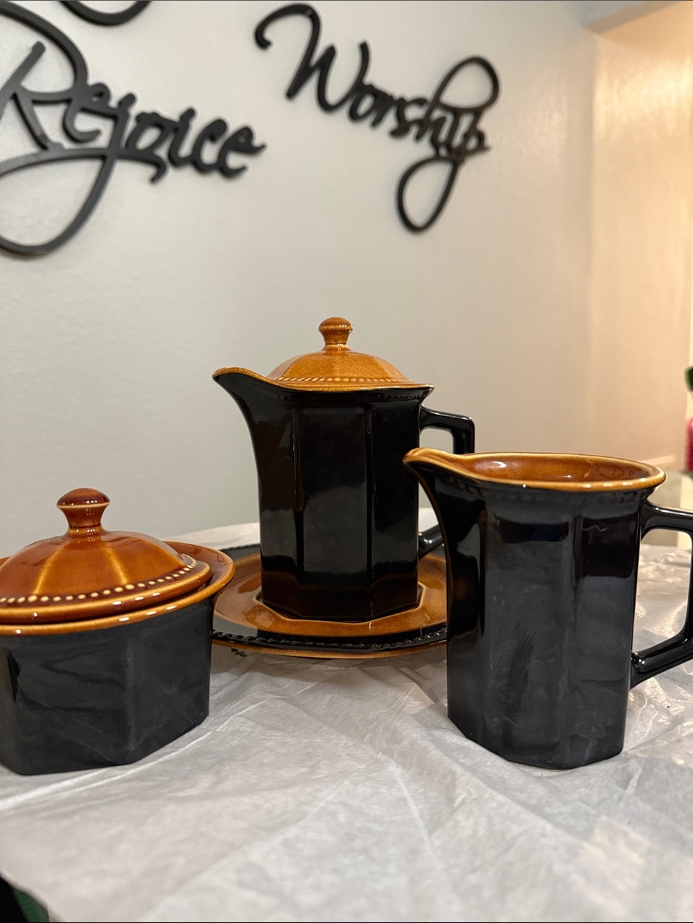 Vintage Black and Brown Ceramic Creamer, Sugar, and Coffee Pot Set